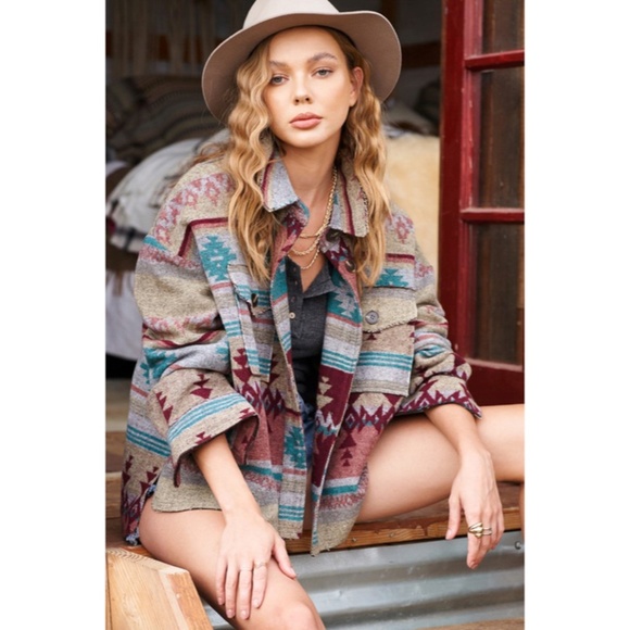 Mellow Gray Aztec Tribal Native Western Button Up Shacket Flannel Shirt Jacket - Picture 1 of 4